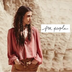 Free People Striped Top XS Rust Red Against All Odds Long Sleeve Studded V Neck